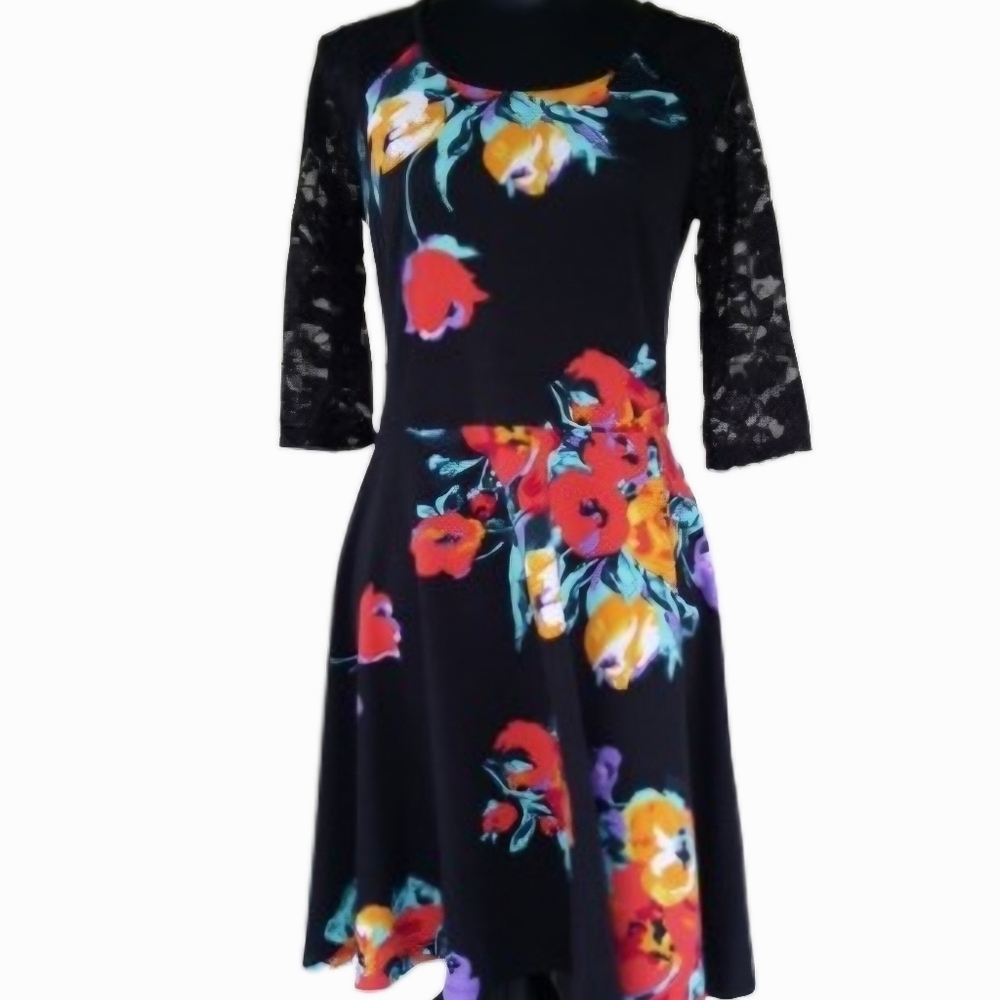 VTG 90s Suzy Shier Floral Midi Dress Lace Sleeves (M)